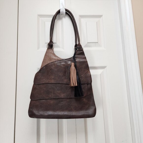 espe hobo style faux leather‎ brown and tan shoulder bag tassels boho - Picture 1 of 16
